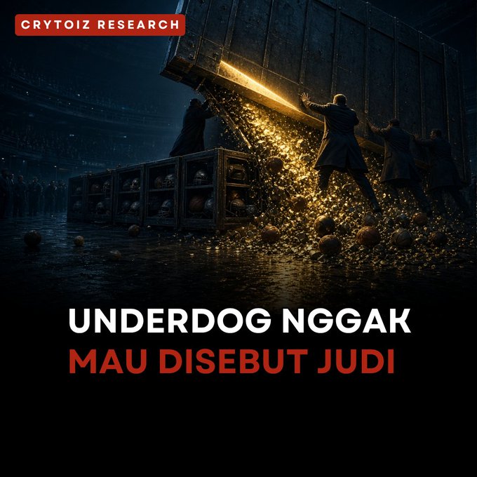 A dark, cinematic image shows figures pushing open a massive treasure chest spilling gold coins, with the text 'CRYTOIZ RESEARCH' and 'UNDERDOG NGGAK MAU DISEBUT JUDI' overlaid.