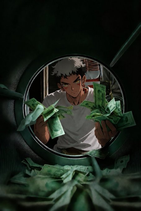 Anime-style illustration of a young man with gray hair looking through a washing machine porthole while handling scattered US dollar bills.