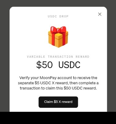 A pop-up displays a "USDC DROP" offer from MoonPay for a $50 USDC variable transaction reward, requiring account verification and a transaction to claim. The user is sarcastically reacting to this modest amount, noting that larger accounts received significantly higher rewards ($400–$800) while their country was excluded from KYC eligibility.