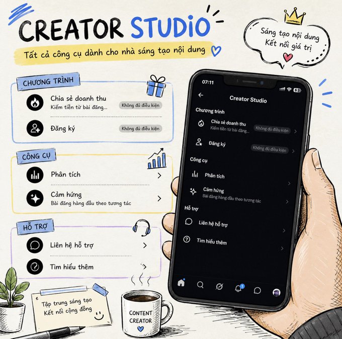 The image shows a promotional infographic titled "CREATOR STUDIO" in Vietnamese, advertising tools for content creators, including revenue sharing ("Chia sẻ doanh thu"), registration ("Đăng ký"), analytics ("Phân tích"), and inspiration ("Cảm hứng"), alongside a smartphone displaying the app interface.

However, the image doesn't appear directly related to the accompanying post about "Pay X" or financial aspirations—it seems the Creator Studio graphic was shared as a general creator tool rather than tying specifically to the Pay X content.