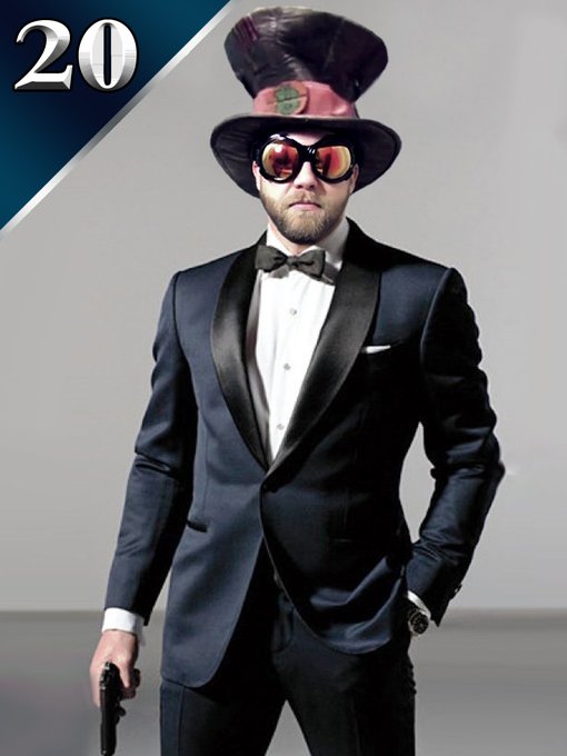 A man in a black tuxedo with a white shirt and bow tie wears a top hat and orange-tinted sunglasses, holding a handgun, with a large '20' displayed in the upper left corner.
