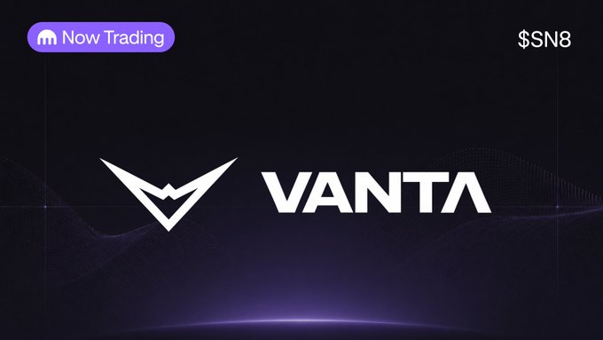 A promotional graphic announcing "$SN8" as "Now Trading" on Kraken, featuring the Vanta logo and branding for the subnet token. This aligns with the post highlighting Vanta Trading's $28M market cap and Kraken's ongoing expansion of subnetwork listings.