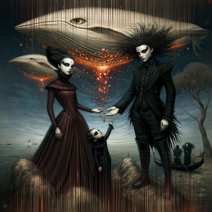 A dark, surreal digital artwork depicting a pale woman in a red dress, a gothic man in black, and a small child standing beneath large whale-like creatures floating in the sky.