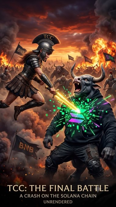 A dramatic digital illustration titled 'TCC: THE FINAL BATTLE - A CRASH ON THE SOLANA CHAIN UNRENDERED,' depicting a gladiator wearing a 'TCC' helmet and wielding a glowing sword as she battles a bull-headed figure with a glowing Solana logo exploding from its chest, set against a fiery battlefield filled with 'BNB' flags.