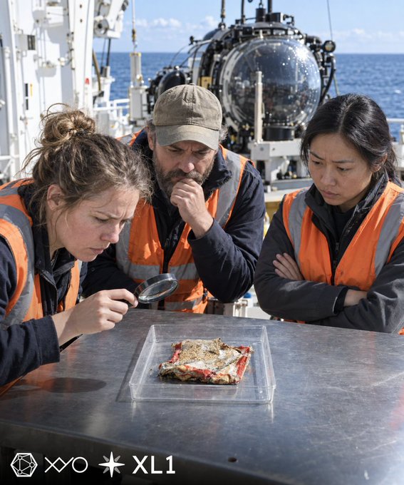 Three researchers in orange high-visibility vests on a ship examine what appears to be a piece of debris or artifact on a clear tray, with a submersible visible in the background; logos for XYO and XL1 appear at the bottom.