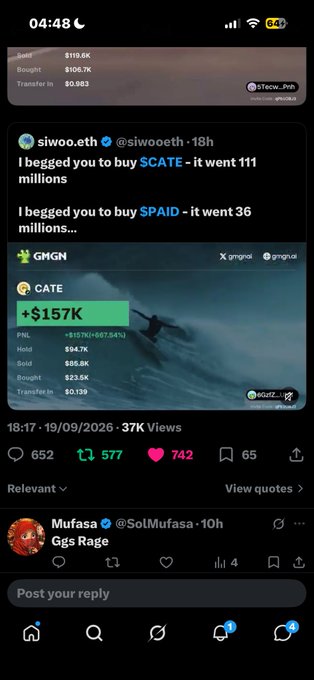 A social media post showing crypto trading results, with text reading 'I begged you to buy $CATE - it went 111 millions' and 'I begged you to buy $PAID - it went 36 millions...', along with stock/crypto metrics.