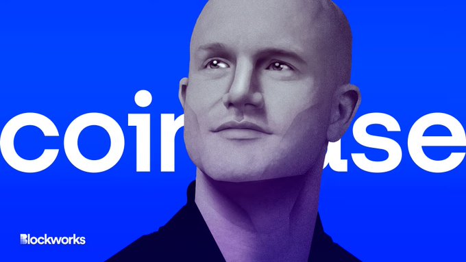 The image features a man wearing a black shirt, standing against a blue background with white text. The text reads "Coinbase" and "Coinbase has been shipping like a rocket ship as of late." This suggests that the company has been rapidly expanding its operations and gaining momentum in the cryptocurrency market.