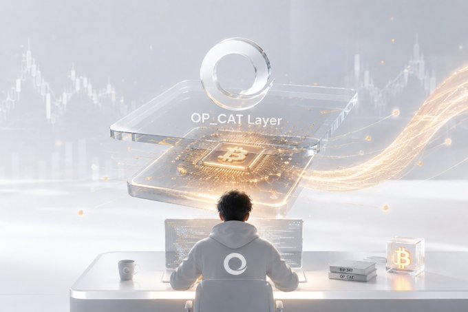 A digital artwork showing a person in a white hoodie sitting at a desk with a glowing holographic Bitcoin chip floating above, labeled 'OP_CAT Layer', with Bitcoin symbols and financial data visible.