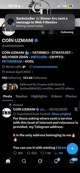A Twitter/X screenshot shows verified crypto influencer "COIN UZMANI" (@coinuzmann) with 153.8K followers, displaying a pinned tweet about Telegram minting services with engagement metrics of 185 replies, 303 reposts, 1.9K likes, and 1M views. The image connects to the caption as it shows the social media platform where a Solana wallet address is being shared for minting purposes.