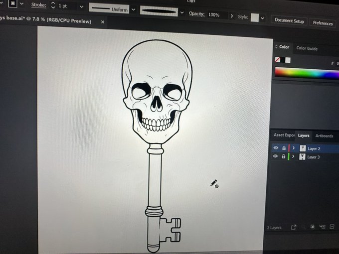 A digital illustration of a human skull mounted as the handle of an ornate key, displayed in Adobe Illustrator on a canvas with the Layers panel visible on the right side.