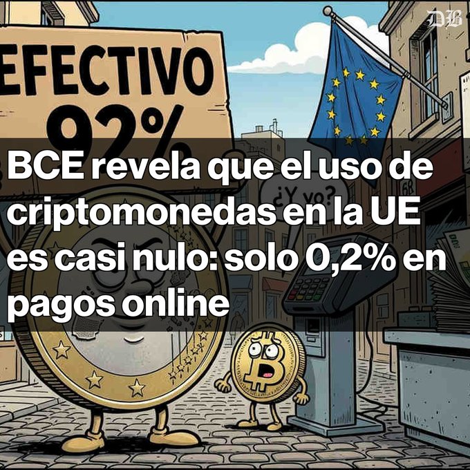 A cartoon image shows a large "EFECTIVO 92%" sign, an EU flag, and anthropomorphized euro and Bitcoin coins on a cobblestone street with a payment terminal, with overlay text reading: "BCE revela que el uso de criptomonedas en la UE es casi nulo: solo 0,2% en pagos online."