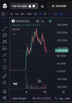 A TradingView chart displays the $CASHCAT memecoin's price action, showing a dramatic spike to roughly 170M before crashing back down to 106.83M (down 3.41% over 4 hours), with volume bars indicating intense trading activity during the surge. The chart visually illustrates the "cool off" mentioned in the post, capturing the volatile pump-and-dump pattern the author warns could repeat the $ASTEROID failure.