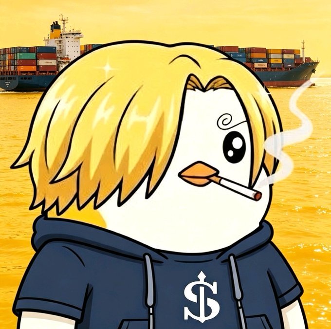 An animated blonde penguin in a navy hoodie featuring an anchor logo smokes a cigarette in the foreground, with a shipping container vessel visible on the horizon at sunset, visually tying the @EthraShip maritime focus to Harbor's 50/50 yield-splitting deposit model.