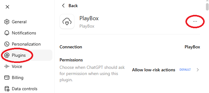 A screenshot of a ChatGPT settings menu with 'Plugins' circled in red on the left sidebar, and a 'PlayBox' plugin connection screen on the right featuring a '...' options menu circled in red.