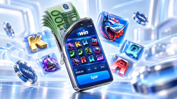 A promotional graphic featuring a smartphone displaying a slot machine interface with a '1win' logo and 'Spin' button, surrounded by floating Euro banknotes, game symbols (K, A, Q, dragon), and '1win' chips.