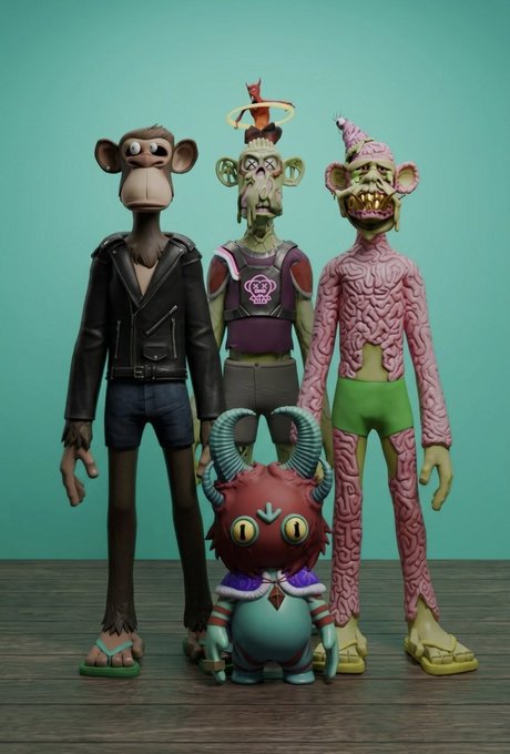 Four uniquely designed 3D-rendered NFT characters—a monkey in a leather jacket, a multi-eyed figure in a purple vest, a pink patterned creature, and a small horned demon with yellow eyes—stand together on a wooden floor against a teal wall, showcasing the user's prized and eclectic digital collectibles from their vault.