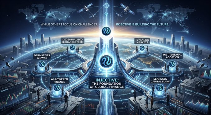 The image features a large, blue illustration depicting an interconnected cityscape with various buildings representing different aspects of global finance. The city's layout includes financial institutions such as banks, stock exchanges, and hedge funds. The title "Injective" is prominently displayed in white text at the top center of the image, while the phrase "While others focus on challenges" is written in black text below it.

The main focus of the image is a group of people standing near a building labeled "Global Finance". These individuals are engaged in various activities related to finance and technology, such as working with computers or using smartphones. The overall atmosphere of the image conveys an impression of innovation and progress within the financial industry.
