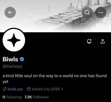 A Twitter/X profile page for 'Biwls' (@biwlsxyz) with a bio reading 'a kind little soul on the way to a world no one has found yet' and 7.2K followers.