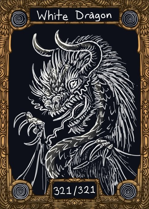 A stylized black and white illustration of a 'White Dragon' on a dark background, framed by an ornate gold border, with '321/321' displayed at the bottom.