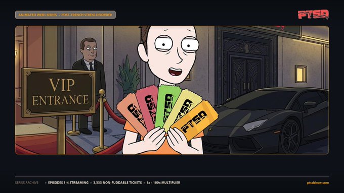 A promotional graphic for PTSHOW.com featuring an animated character holding multiple colored tickets in front of a VIP entrance, with a sports car and security guard in the background.