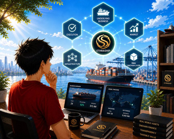 A digital illustration shows a young man at a desk analyzing ships and logistics on multiple screens, with a central "ETHRASHIP" logo surrounded by hexagonal icons representing execution, infrastructure, market, and RWA onchain layer.