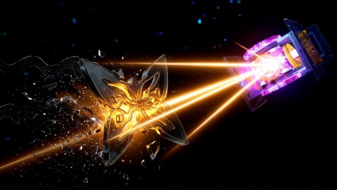 The image features a futuristic scene with two spaceships, one of which is emitting a bright yellow light while the other is being attacked by a laser beam. The spaceship that is being attacked appears to be made of glass or crystal-like material, as its structure is broken apart by the intense light from the laser. 

The background of the image is dark and filled with stars, which adds to the futuristic atmosphere. There are also some text elements in the image, including "What stands out is how consistently progress continues without much noise around it @quipnetwork". This phrase suggests that the focus should be on the ongoing development rather than any distractions or disturbances caused by the laser attack.