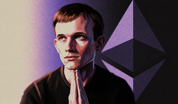 A stylized digital portrait shows a young man with his hands pressed together in a prayer-like gesture, with a purple geometric Ethereum logo behind him.