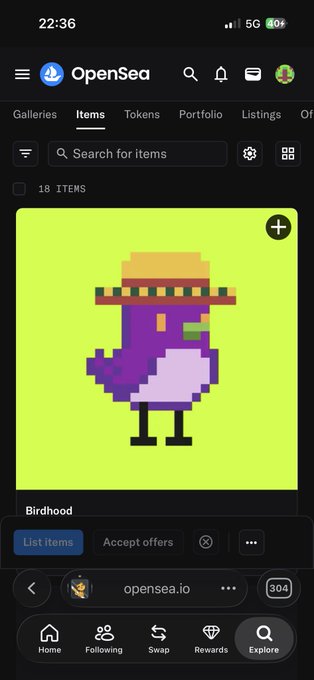 A screenshot of the OpenSea mobile app displaying an NFT collection page with 18 items, featuring a pixel art "Birdhood" character on a bright green background.
