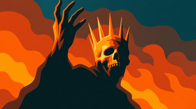 A digital artwork depicting a dark, shadowy figure wearing a spiky golden crown and a skull mask, raising a clawed hand against a backdrop of fiery orange and dark teal waves.