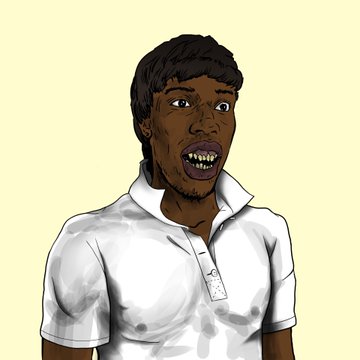 A digital portrait of a man with dark skin, a wide smile showing his teeth, wearing a white polo shirt against a pale yellow background.
