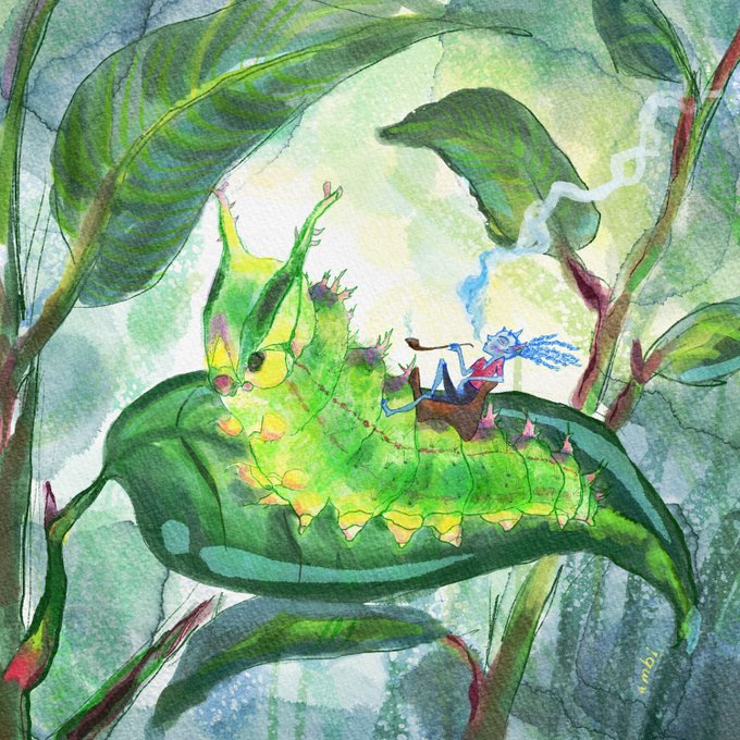A watercolor illustration of a small character with blue hair smoking a pipe while riding on the back of a large green caterpillar on a leaf, surrounded by foliage.