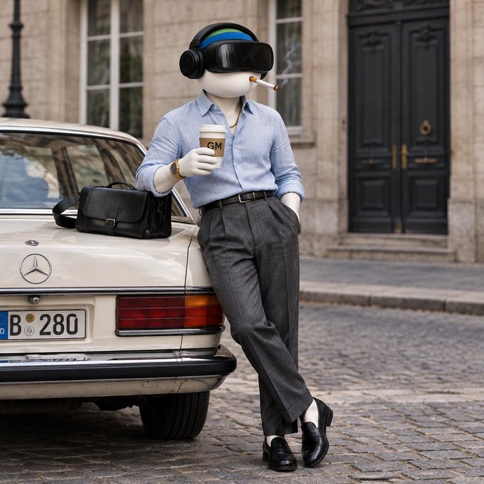A stylized photo shows a faceless figure wearing a VR headset, smoking a cigarette and holding a coffee cup labeled 'GM,' leaning against a vintage Mercedes-Benz with a 'B 280' German license plate on a Parisian street.