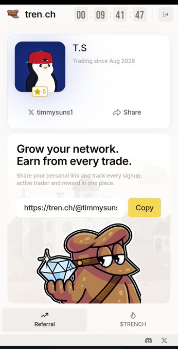 A mobile referral page for "tren.ch" showing user profile "T.S" with a 5-star rating and a referral link ready to copy.