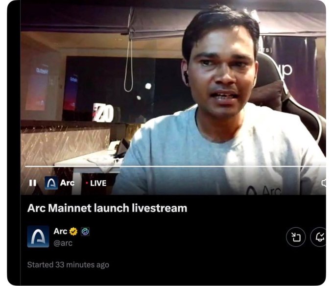 A screenshot of an X/Twitter livestream titled 'Arc Mainnet launch livestream' by @arc, showing a man in a gray t-shirt speaking from what appears to be an office or studio.