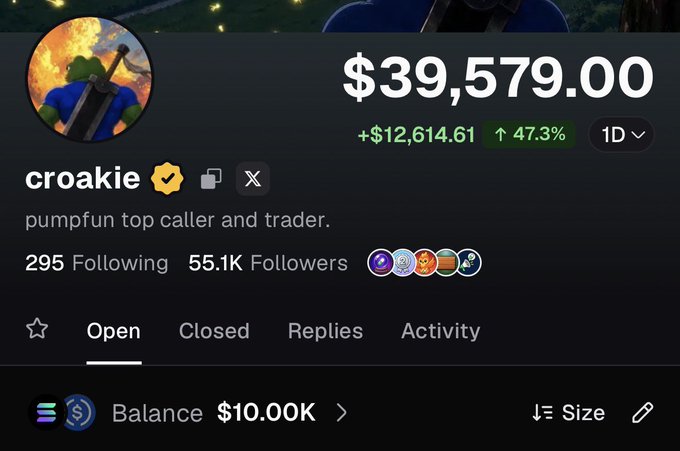 The image shows a profile page for user "croakie," a "pumpfun top caller and trader" with 55.1K followers, displaying a portfolio value of $39,579.00 (up +$12,614.61 or 47.3% in 1D) and a $10.00K balance, fitting the post's offer to reply with 1 SOL in the context of a trading tip or giveaway.