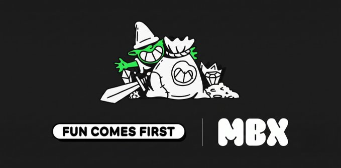 A logo design featuring a cartoon wizard with green glasses and a sword next to a money bag with an "M", displayed above the text "FUN COMES FIRST" and "MBX".