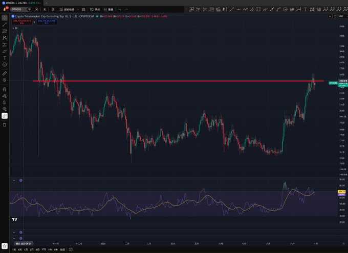 A TradingView chart of the Crypto Total Market Cap showing a candlestick pattern with a horizontal red resistance line and an RSI indicator at the bottom.