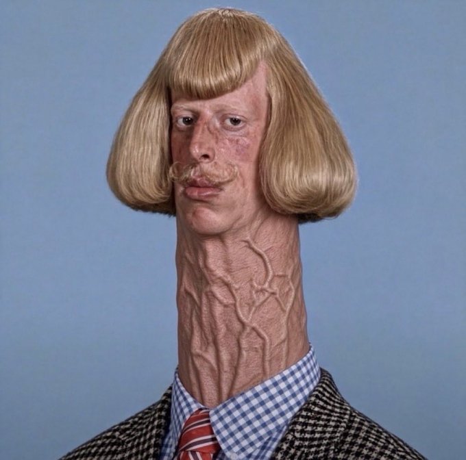 A humorous edited image of a person with an elongated neck and exaggerated blonde bob haircut and mustache, wearing a checkered shirt and tweed jacket.