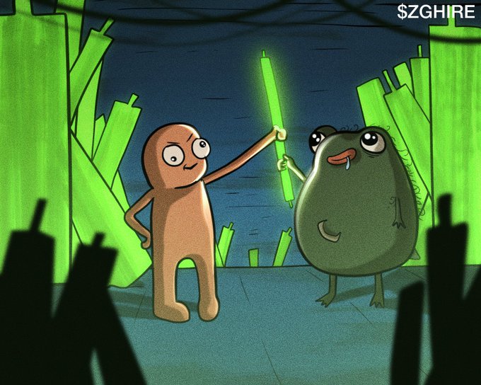 Two cartoon characters stand on a stage surrounded by glowing green vertical bars—one tan humanoid handing a glowing green bar to a green blob-like creature with drooling eyes—while silhouetted audience members watch. The watermark "SZGHIRE" appears in the top right corner, tying into the post's reference to "$Zghire" as a meme about holding crypto tokens.