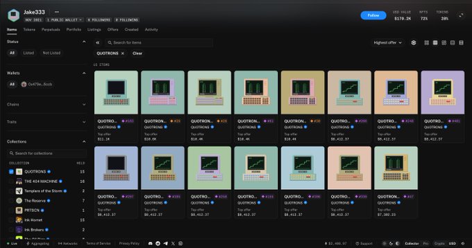 Screenshot of a profile page on a digital collectibles platform showing a user's wallet with multiple 'QUBTRO...' laptop-themed NFT items.