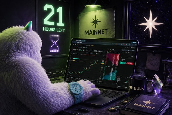 A fluffy purple creature sitting at a laptop displaying a stock/crypto trading chart, with a countdown showing '21 HOURS LEFT' for 'MAINNET', alongside a 'BULK' mug and MAINNET-branded items.