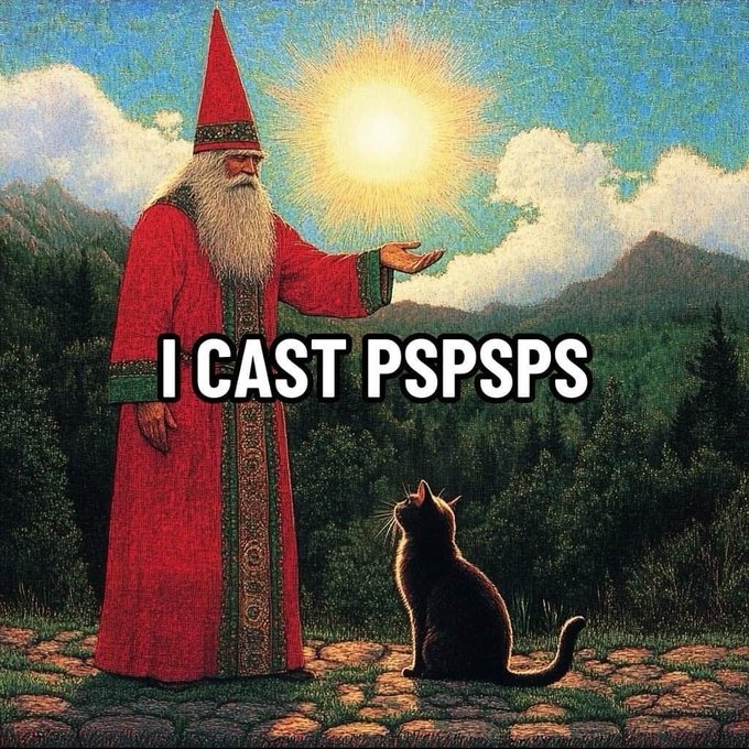 A wizard in red robes holds out his hand toward a cat on a stone path, with the text "I CAST PSPSPS" overlaid—humorously framing the common sound people make to call cats as a legendary summoning spell. The bright sun behind the wizard reinforces the magical, spell-casting theme of the meme.
