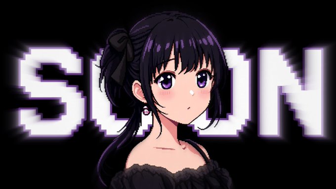 An anime-style portrait of a purple-haired girl with a black bow beside glitchy pixelated text.