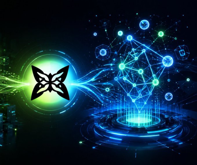 A futuristic digital artwork featuring a stylized fox or butterfly emblem on the left, glowing green and blue, connected to an intricate network of nodes and geometric shapes on the right.
