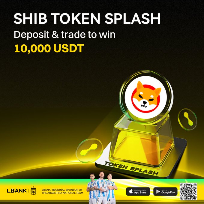A promotional graphic for LBank's "SHIB TOKEN SPLASH" campaign, inviting users to deposit and trade $SHIB for a chance to win a 10,000 USDT prize pool. The image features a Shiba Inu-themed token emerging from a "Token Splash" device, alongside LBank's branding as a regional sponsor of the Argentina National Team.