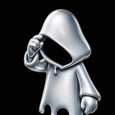 A small, glossy silver 3D-rendered figure with a hood, appearing to melt or drip, shown against a black background.