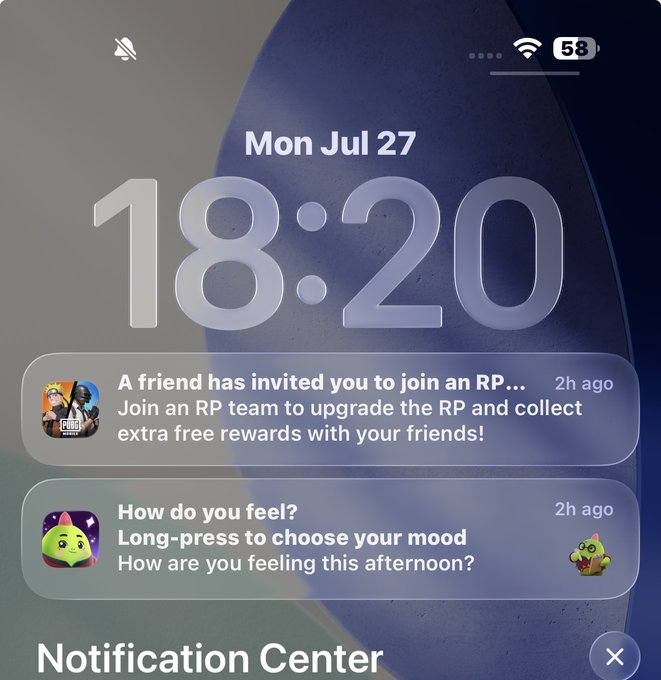 An iPhone lock screen showing the time 18:20 on Mon Jul 27 with notifications including a PUBG Mobile RP team invitation and a 'How do you feel?' prompt.
