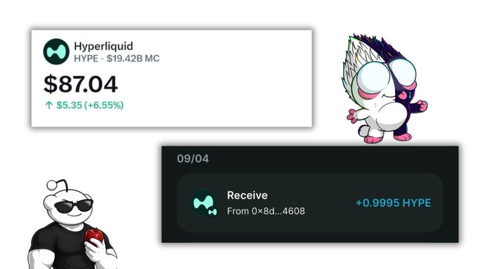 A screenshot showing a Hyperliquid (HYPE) token price of $87.04 with a 6.55% gain, alongside an image of a creature NFT mascot and a transaction receipt of +0.9995 HYPE.