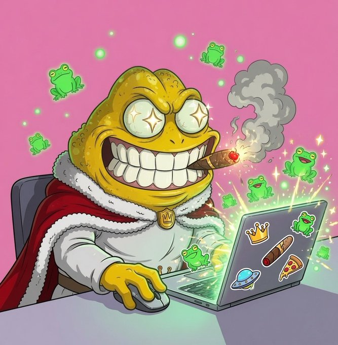 A cartoon frog character in a royal cape smokes a cigar with sparkling, starry eyes while typing on a sticker-covered laptop, surrounded by floating smaller frogs against a pink background—visually representing the triumphant, over-the-top success implied by "he is mintmaxxing."
