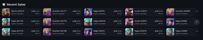 A 'Recent Sales' feed showing various Ionchain Apostles NFTs being sold at prices around 6.95 ION.